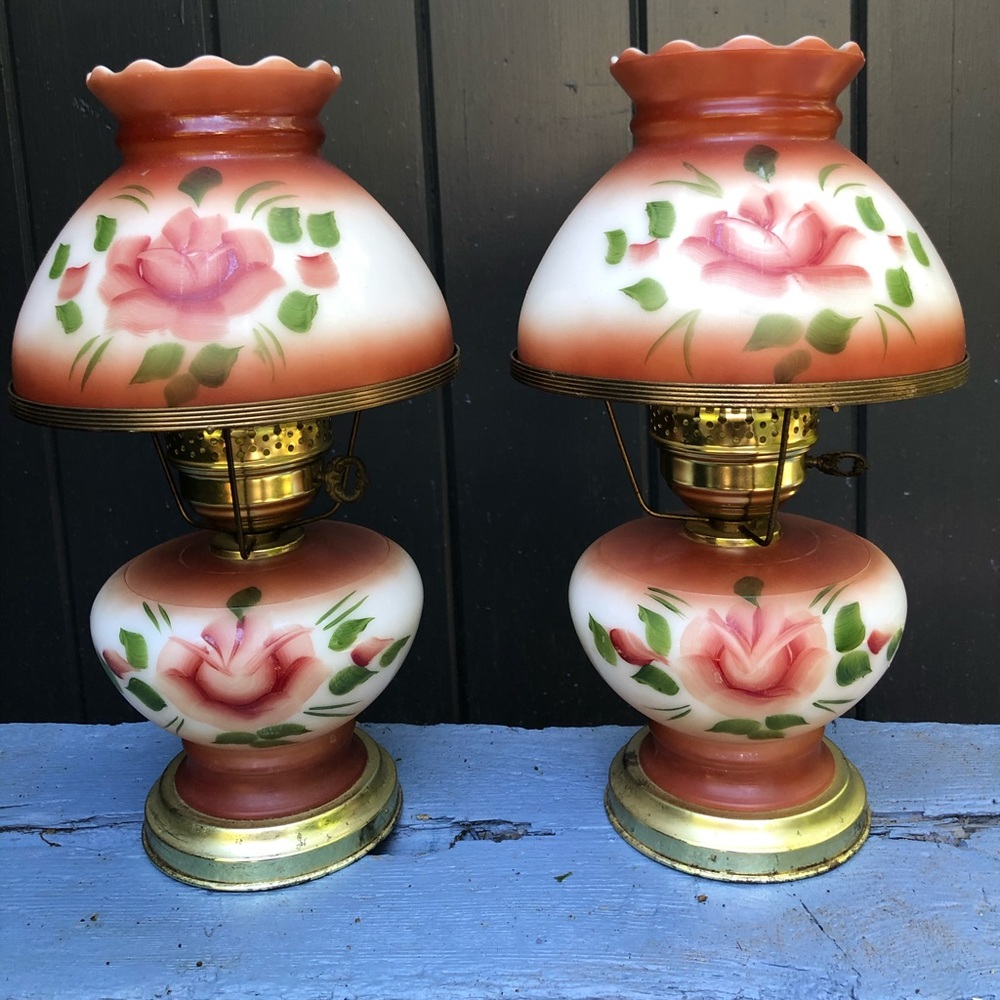 Vintage Pair Hand Painted Hurricane Lamps